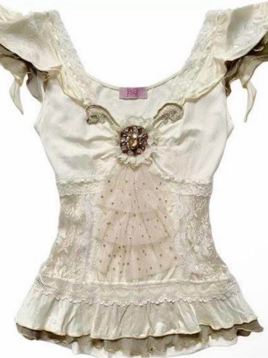 Tops - Embellished Cream Lace Ruffled Blouse